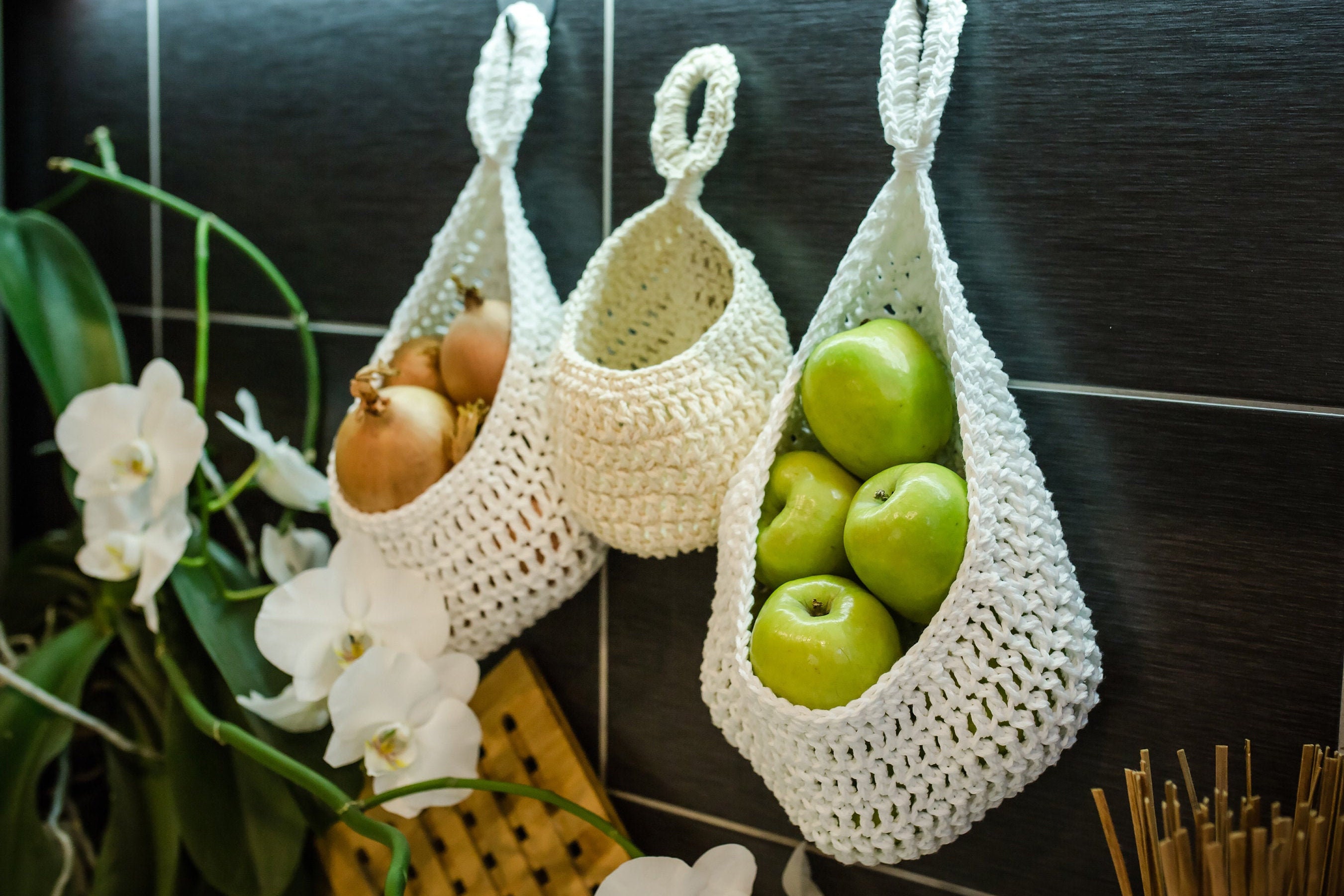 Teardrop fruit hanging basket Hanging basket storage Crochet Etsy