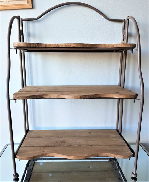 Shabby Vintage Chic Folding 3 Shelf Wood Metal Bakers Rack Etsy