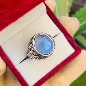 Blue Moonstone Sterling Silver Men&#39;s Ring: Vintage Engraved Band