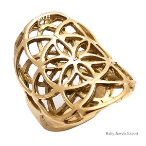 Gold Flower of Life Ring | Sacred Geometry Ring | Boho Statement Ring | Geometric Jewelry | Openwork Ring for Women |  Adjustable Statement
