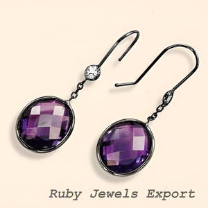 Amethyst Gemstone Earrings: Black Rhodium Sterling Silver, Boho Jewelry