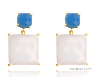 Blue Chalcedony &  Rose Quartz Earrings Two Multi Colour Gemstone Earrings | Gold Plated Earring &quot; May And January Birthstone Gift For Her