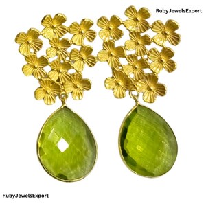 Green Teardrop Gemstone Earrings | Gold Floral Dangle Earrings | Statement Drop Earrings | Handmade Jewelry Gift for Her