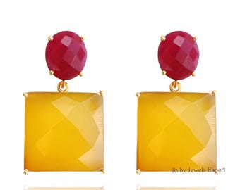 Citrine & Ruby Gold-Plated Statement Earrings | Elegant Gold-Plated Earrings with Citrine and Ruby | Handcrafted Citrine and Ruby Earrings