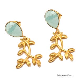 Aqua Chalcedony Gold Plated Earrings: Sterling Silver Dainty Drop Jewelry