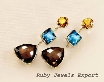 Citrine, Blue Topaz & Smoky Quartz Gold  Earrings – Triple Gem Design | Citrine, Topaz Smoky Quartz | November, December  Smoky Quartz
