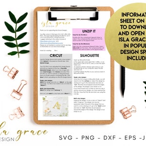 Peut inclure: Un presse-papiers avec une feuille de papier blanche contenant des instructions sur la fa&ccedil;on de t&eacute;l&eacute;charger et d'ouvrir un fichier de conception num&eacute;rique dans des espaces de conception populaires tels que Cricut et Silhouette. Le papier porte le titre "Isla Grace Design" et le texte "UNZIP IT", "CRICUT" et "SILHOUETTE".