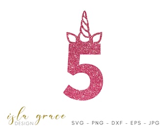 5th Birthday Unicorn Horn SVG: Number 5 Topper, Decal (Digital Files)
