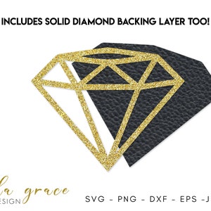 Peut inclure: Forme de diamant en paillettes dor&eacute;es avec une couche de support en cuir noir. La forme du diamant est soulign&eacute;e en noir. Le texte "INCLUDES SOLID DIAMOND BACKING LAYER TOO!" est en haut de l'image. Le texte "isla grace DESIGN" est en bas &agrave; gauche de l'image. Le texte "SVG - PNG - DXF - EPS - JPG" est en bas &agrave; droite de l'image.