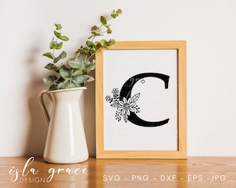 Alfabeto floral SVG, Archivo de corte de monograma de boda de flores, Letra botánica C, Archivo de corte de silueta cricut