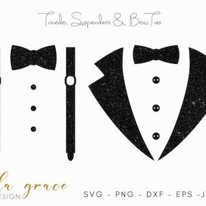 Smoking SVG, file di taglio SVG papillon, bretelle DXF, file di taglio Cricut tutina per neonato, clipart matrimonio,