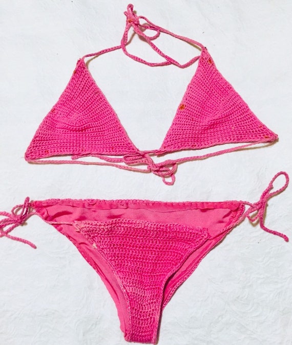 60's Candy Pink Crochet Bikini
