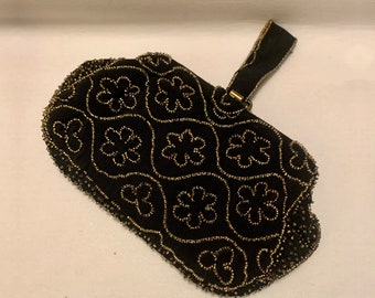 Elegant Vintage Black Beaded Pouch Clutch 1930s Bag