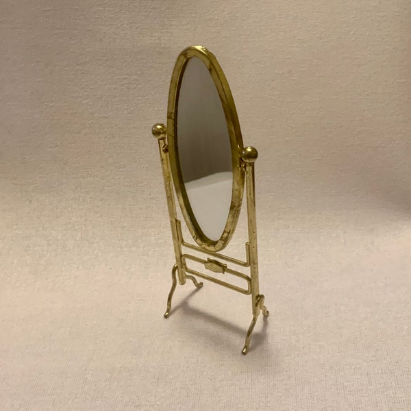 Vintage dolls house brass cheval mirror 12th scale. glass and metal