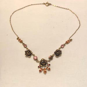 Vintage rose gold and pink diamante rose pendant necklace 1950s