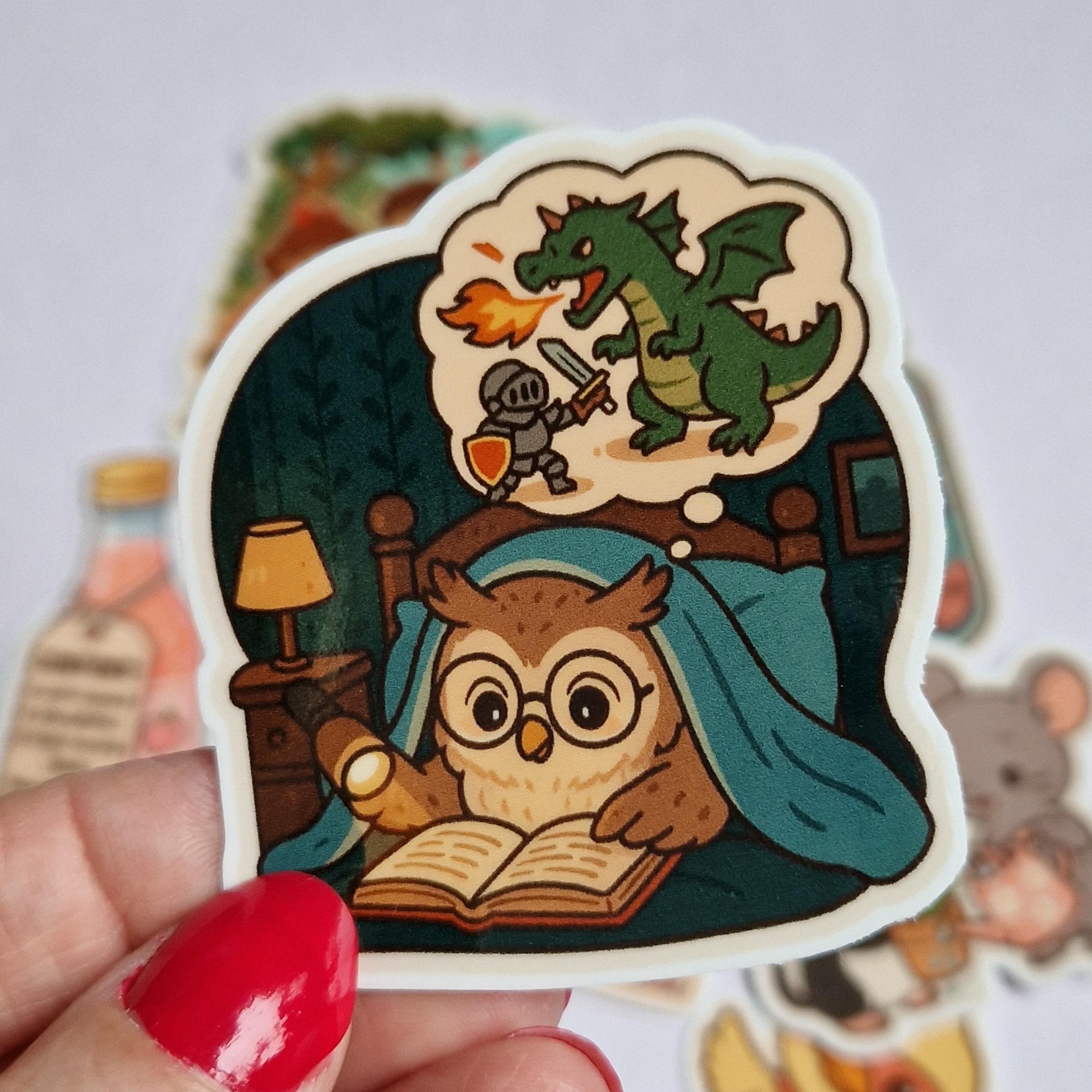 Sticker Cute Owl Reading. sticker. The joy of fairy tales.