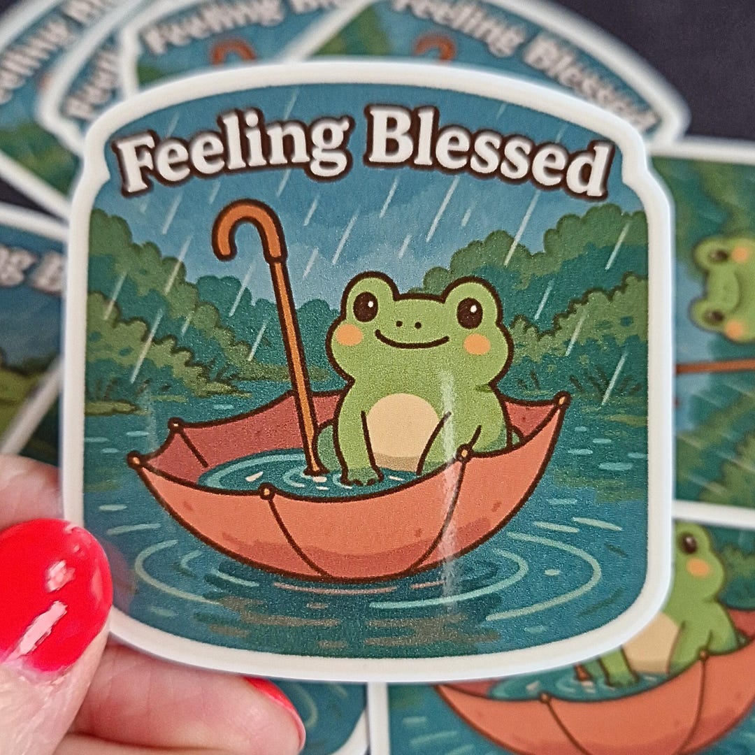 Frog in Umbrella Sticker: Feeling Blessed, Cottagecore Vinyl Decal ...