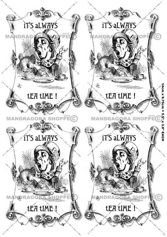 Alice in Wonderland it/'s always tea time decoupage paper decoupage sheet thin tissue paper Mad hatter black and white