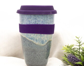 Ceramic Travel Mug with Lid, 14 fl oz, blue, handmade artisan pottery cup