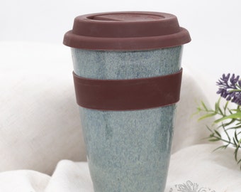 Ceramic Travel Mug with Lid, 12 fl oz, blue, handmade artisan pottery cup