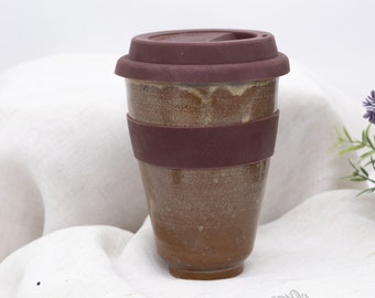 Ceramic Travel Mug with Lid, 10 fl oz, brown, handmade artisan pottery cup
