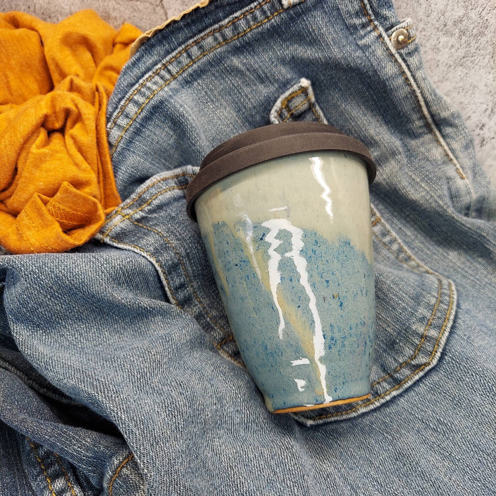 Ceramic Travel Mug with Lid 8 fl oz blue handmade artisan Etsy