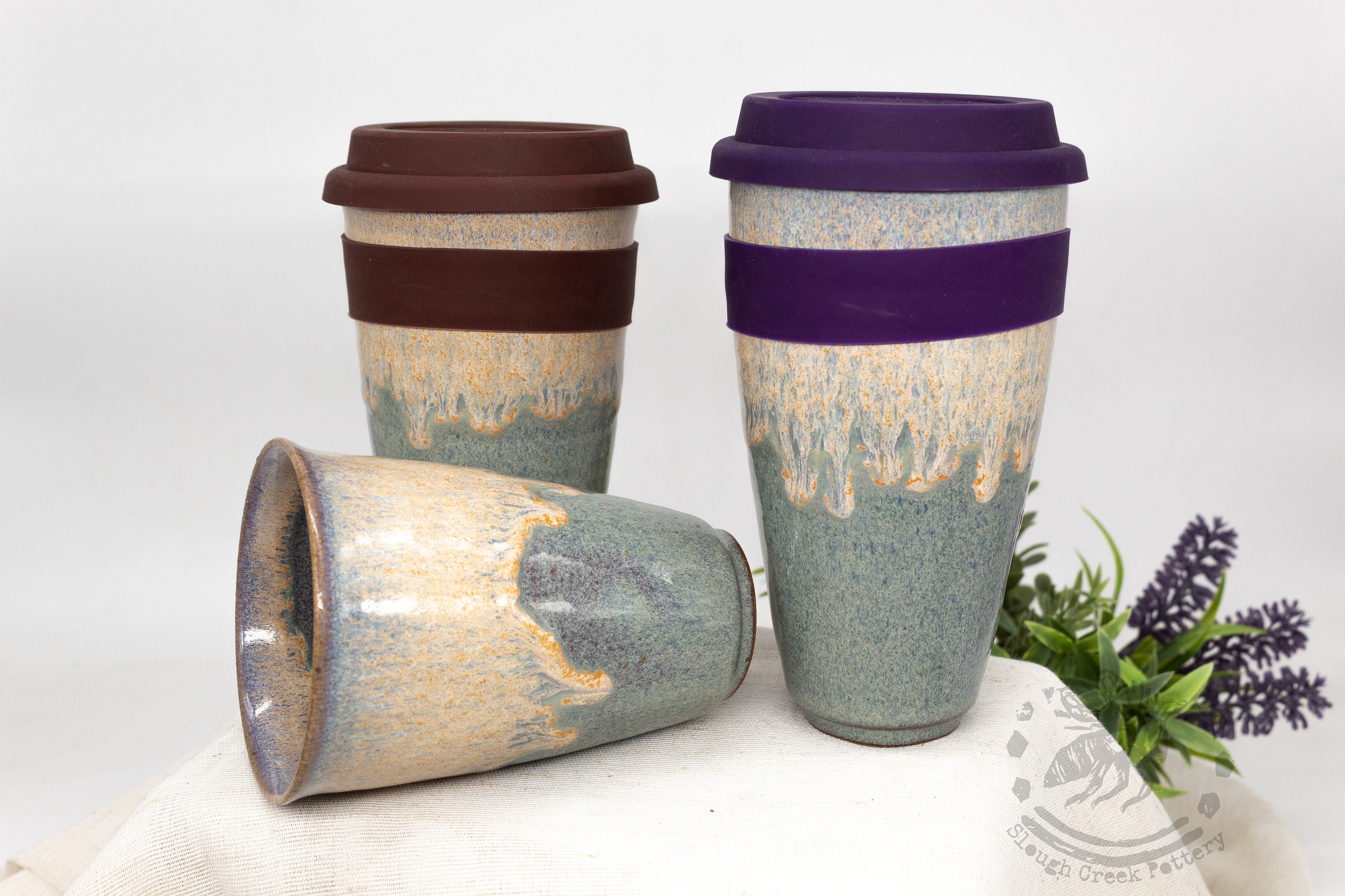 IN STOCK, Ceramic Travel Coffee Mug, Large Pottery Travel Mug Lavender  Brown, 24 oz Stoneware Mug, Handmade Commuter Mug