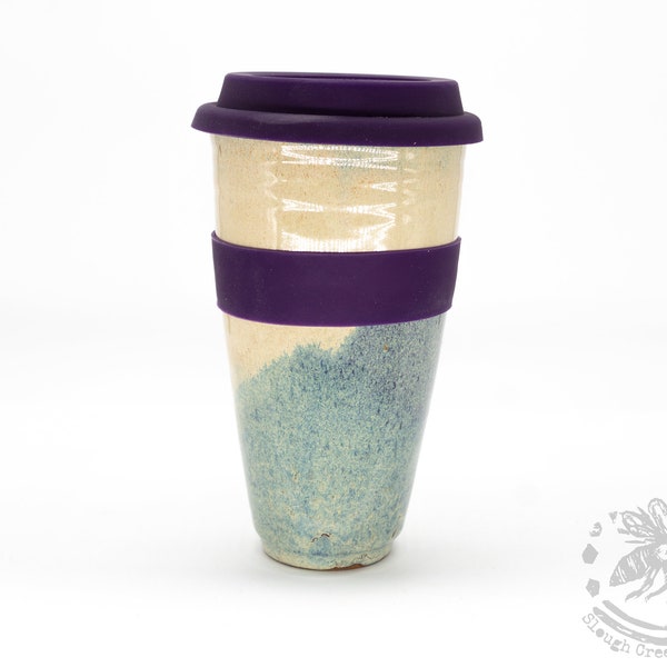 Taza de viaje de cerámica con tapa, 16 fl oz, azul, taza de cerámica artesanal hecha a mano