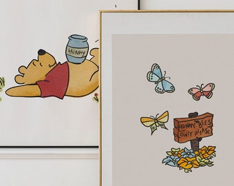 Winnie The Pooh Print Set, Butterflies Print, Winnie The Pooh Art, Nursery Prints, Nursery Decor, Nursery Wall Art, Gender Neutral, Nursery