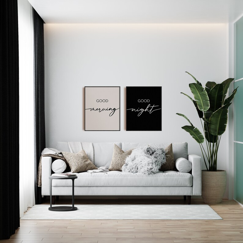 Good Morning Good Night Neutral Prints, Set of 2, Contemporary Bedroom