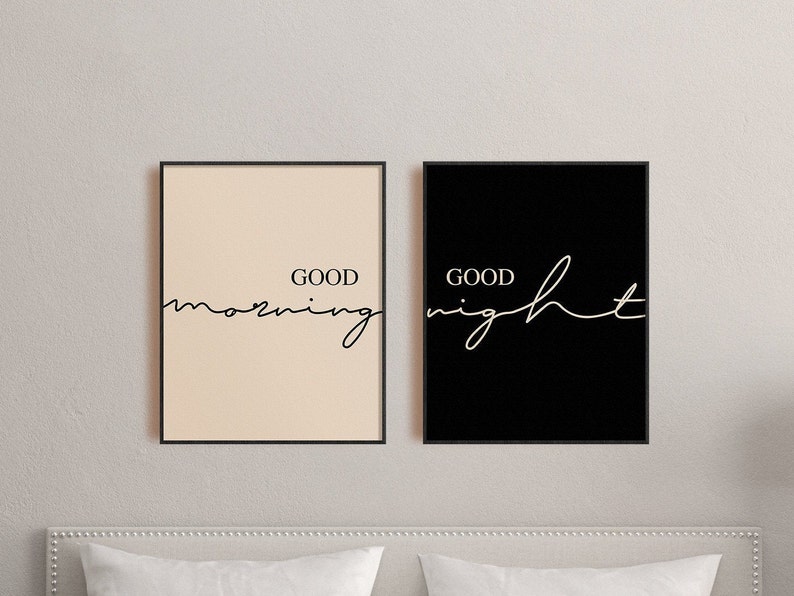 Good Morning Good Night Wall Decor, Bedroom Print Set, Set Of 2 Couple Wall Art, Above Bed Signs, Modern Minimalist Print, Over The Bed Sign image 7