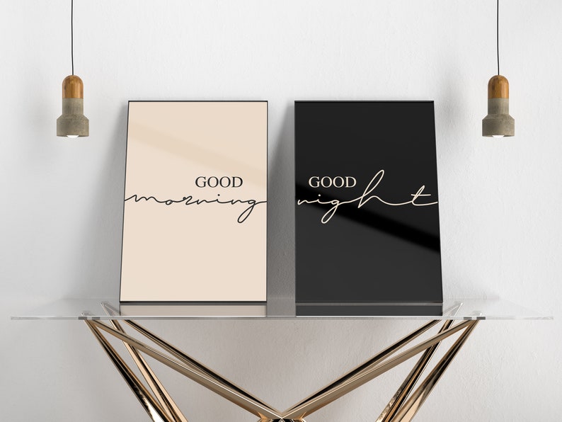 Good Morning Posters, Set of 2 Bedroom Print Set, Neutral and Navy