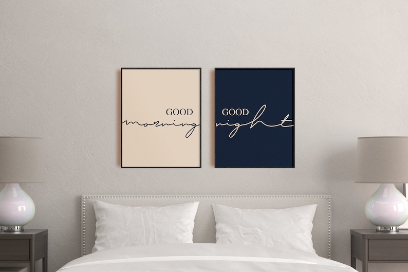 Good Morning Posters, Set of 2 Bedroom Print Set, Neutral and Navy