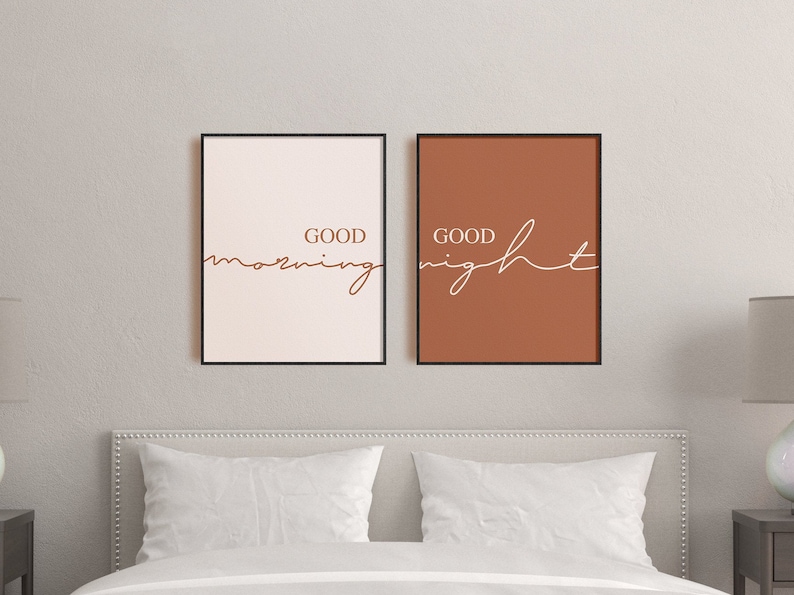 Good Morning Good Night Wall Decor, Bedroom Print Set, Set Of 2 Couple Wall Art, Above Bed Signs, Modern Minimalist Print, Over The Bed Sign image 4