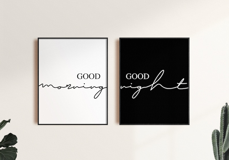 Good Morning Good Night Wall Decor, Bedroom Print Set, Set Of 2 Couple Wall Art, Above Bed Signs, Modern Minimalist Print, Over The Bed Sign image 3