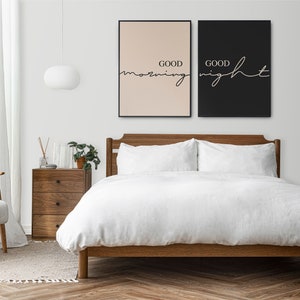 Good Morning Good Night Wall Decor, Bedroom Print Set, Set Of 2 Couple Wall Art, Above Bed Signs, Modern Minimalist Print, Over The Bed Sign image 2