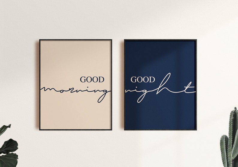 Good Morning Good Night Wall Decor, Bedroom Print Set, Set Of 2 Couple Wall Art, Above Bed Signs, Modern Minimalist Print, Over The Bed Sign image 5