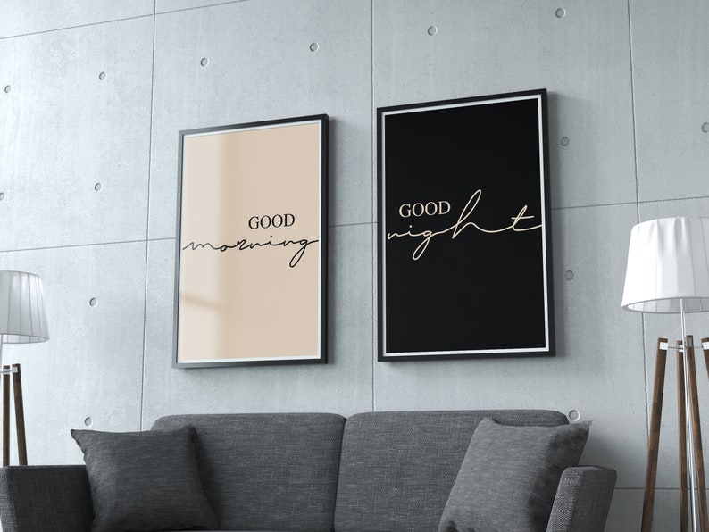 Good Morning Good Night Wall Decor, Bedroom Print Set, Set Of 2 Couple Wall Art, Above Bed Signs, Modern Minimalist Print, Over The Bed Sign image 9