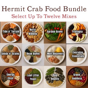 May include: A variety of hermit crab food mixes are displayed on plates. The image includes options like "Tide n' Terrain," "Nutty Nibbles," "Garden Grove," and "Fruitopia." The text "Hermit Crab Food Bundle" and "Select Up To Twelve Mixes" is at the top.
