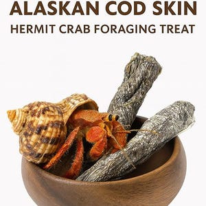 May include: A hermit crab with orange legs and claws sits in a wooden bowl with a shell and two pieces of dehydrated Alaskan cod skin. The text at the top reads "DEHYDRATED ALASKAN COD SKIN HERMIT CRAB FORAGING TREAT."