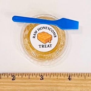 May include: A small, clear plastic container filled with raw honeycomb. A blue plastic spatula rests on top. The container has a label that reads "RAW HONEYCOMB TREAT" with an illustration of a honeycomb.