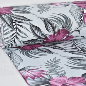 White Hawaii fabric by the yard Hibiscus fabric Hawaiian fabric Big tropical flowers Palm leaves fabric Large print material 100% cotton