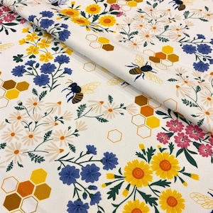 Bee upholstery fabric by the yard Honeycomb Bumble bee Botanical Wildflowers Garden flower Home decor fabric for chair cushions curtains bag