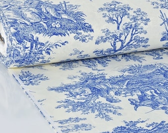French blue fabric Toile de Jouy fabric Country cotton fabric by the Yard Romantic cottage Porcelain fabric Pastoral Countryside fabric