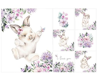 Baby quilt panels Fabric panels for baby quilts Baby girl panels for quilting Woodland animals 7 panel set 100% cotton Floral bunny nursery