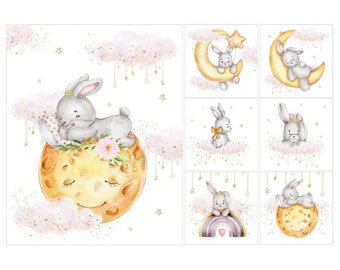 Baby fabric panels for quilt Panels for quilting Nursery fabric 7 panel set for baby quilts Blanket panels Cotton fabric Bunny Moon Rainbow