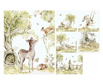 Baby quilt panels Fabric panels for baby quilts Baby panels for quilting Watercolor forest animals 6 panel set 100% cotton Quilted panel
