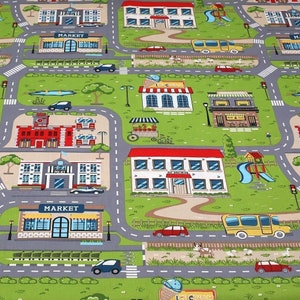 Tissu pour tapis de jeu Tissu avec carte routière de la ville Tissu pour voitures par mètre-mètre Tissu pour jeux de société Tissu pour bébés garçon Tissu en coton pour garçons et filles Tissu préscolaire