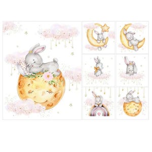 Baby fabric panels for quilt Panels for quilting Nursery fabric 7 panel set for baby quilts Blanket panels Cotton fabric Bunny Moon Rainbow