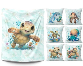 Under the sea baby fabric panels for quilt Cotton panels for quilting Nursery fabric 7 panel set Blanket panels Turtle Ocean creatures